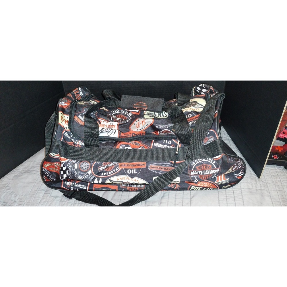 Harley-Davidson Logo Print Duffle Bag Black/Orange/White 18in Shoulder Strap